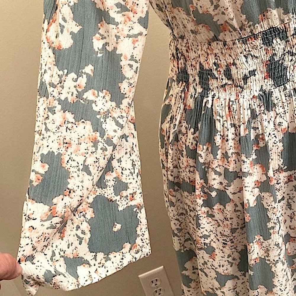 J Glee Floral Grey Teal Cream SZ S Cottagecore Boho Chic Romantic Peasant Dress - Picture 6 of 10